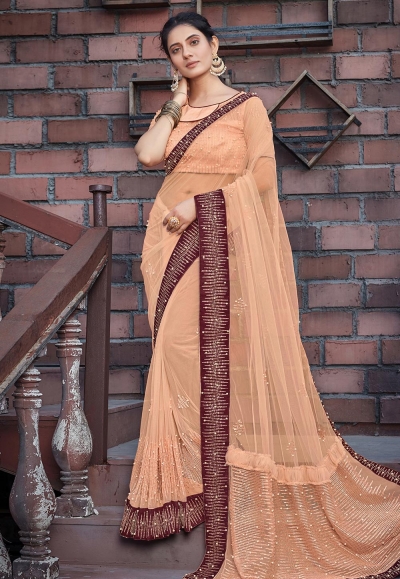 Peach net saree with blouse 41111