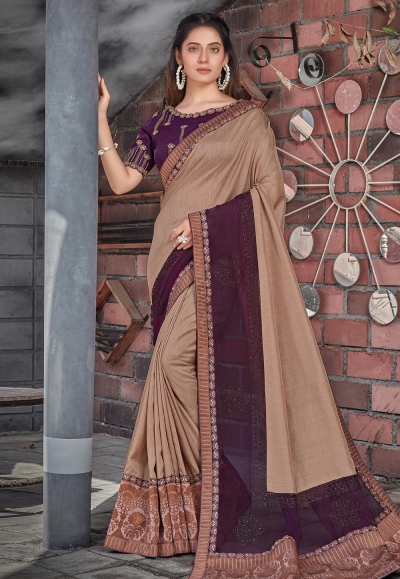 Beige tussar silk embroidered saree with blouse 41114