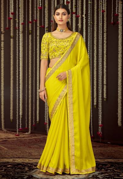 Yellow chinon silk sequence saree with blouse 19003