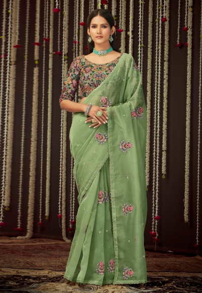 Sea green organza saree with blouse 19006