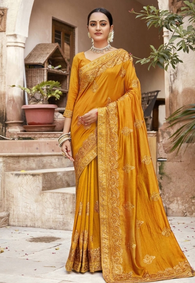 Mustard silk embroidered saree 3443