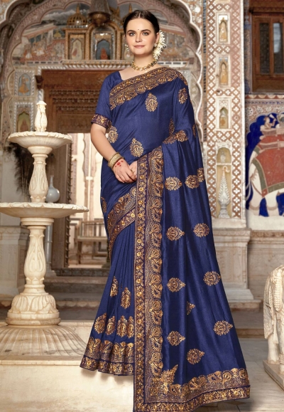 Navy blue silk embroidered saree 3447
