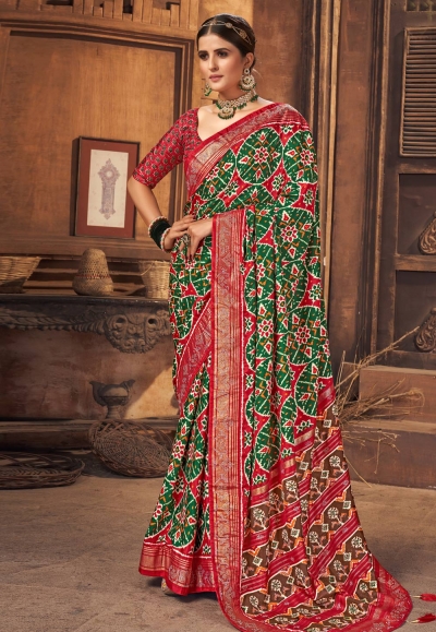 Green tussar silk printed saree 3004