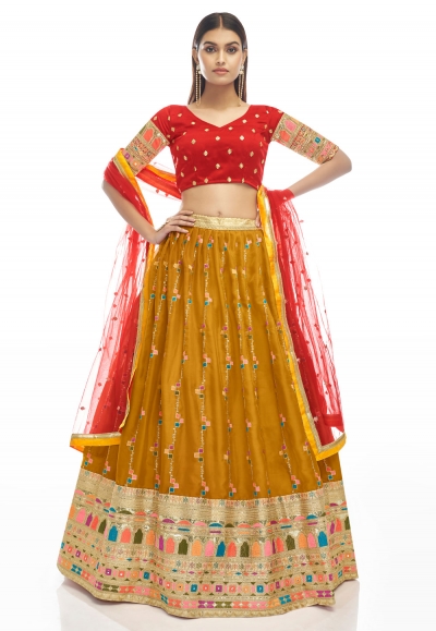 Mustard satin georgette a line lehenga choli 20008