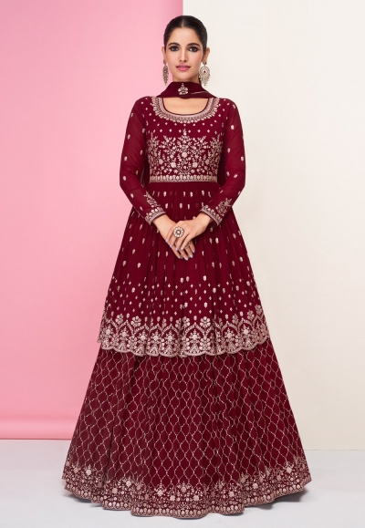 Maroon georgette embroidered indo western lehenga choli 9300