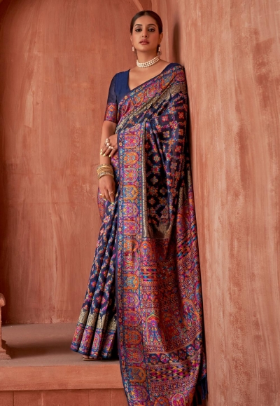 Silk Saree with blouse in Navy blue colour 3275F