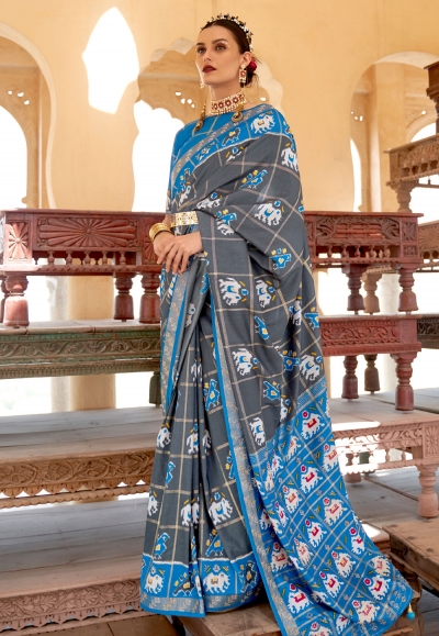 Patola silk printed Saree in Grey colour 350E