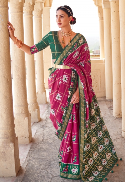Patola silk printed Saree in Magenta colour 350A