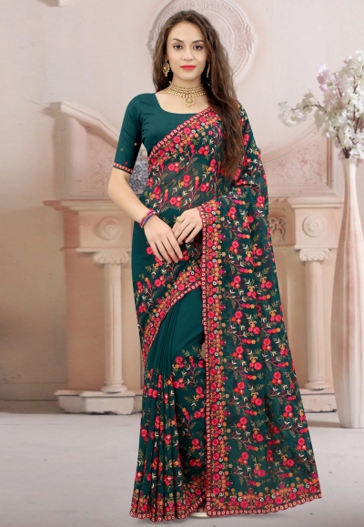 Georgette embroidered Saree in Teal colour 1306