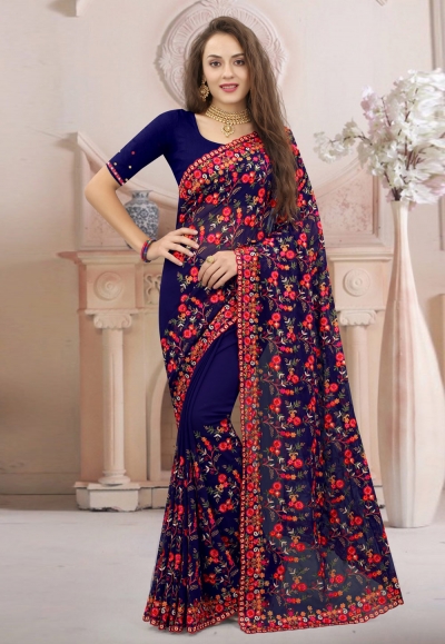 Georgette embroidered Saree in Blue colour 1304