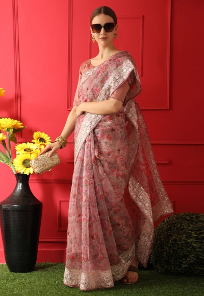 Organza printed Saree in Pink colour 10925