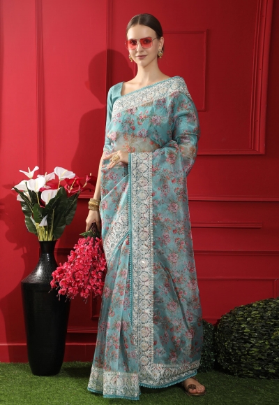Organza Saree with blouse in Sky blue colour 10924
