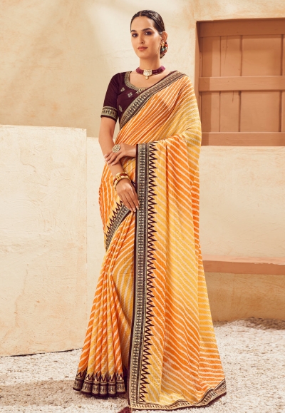 Chinon Saree with blouse in Orange colour 307