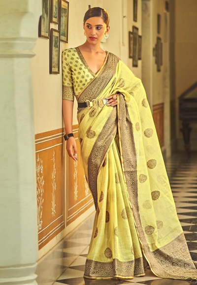 Tissue silk Saree with blouse in Yellow colour 31006