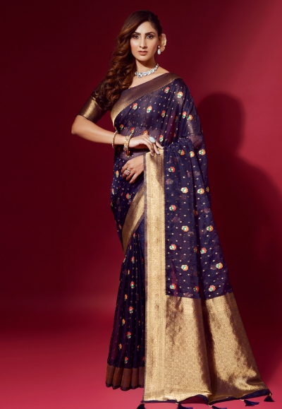 Silk Saree with blouse in Navy blue colour 25002