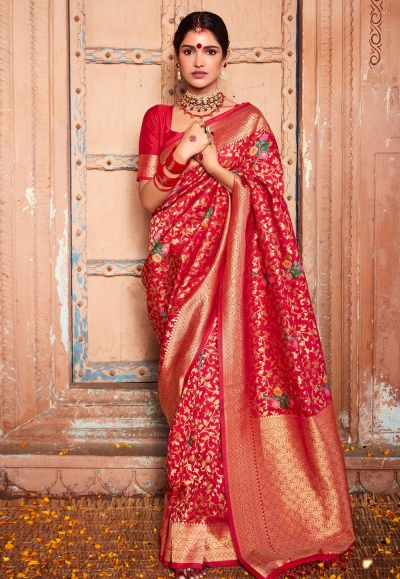 Silk Saree with blouse in Red colour 18003