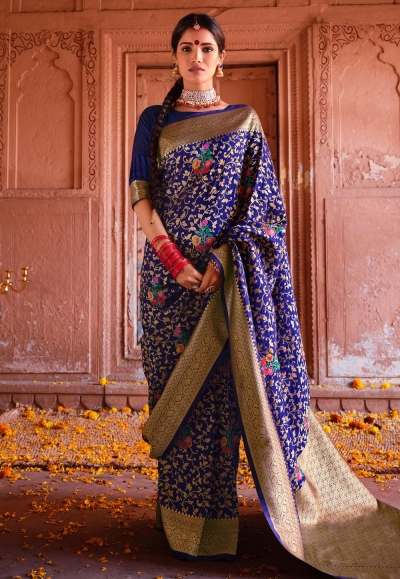 Silk Saree with blouse in Blue colour 18002