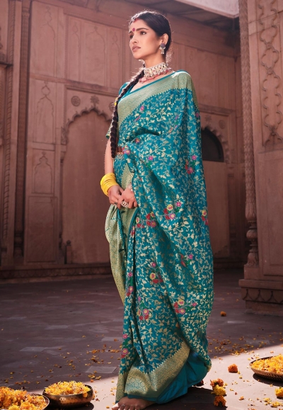 Silk Saree with blouse in Turquoise colour 18004