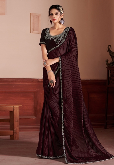 Satin silk designer Saree in Wine colour 427B