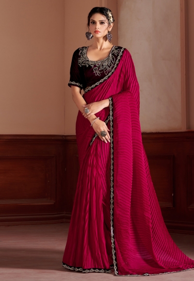 Satin silk designer Saree in Magenta colour 427D