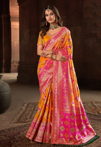 Buy Orange Printed Silk Blend Saree | MSL-RJ- 223005/MSL7 | The loom