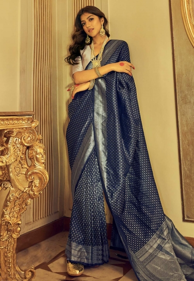 Kanjivaram silk Saree in Navy blue colour 10053