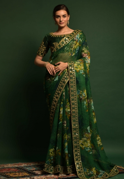 Georgette floral print Saree in Green colour 4777