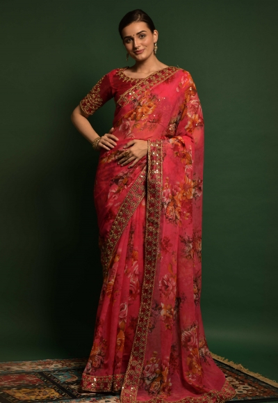 Georgette floral print Saree in Pink colour 4775