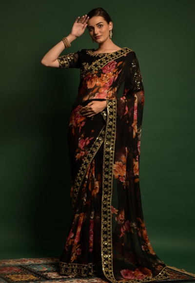 Georgette floral Saree in Black colour 4776