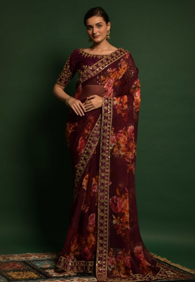 Georgette floral Saree in Maroon colour 4774