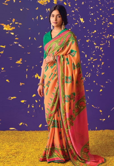 Brasso printed Saree in Peach colour 16006