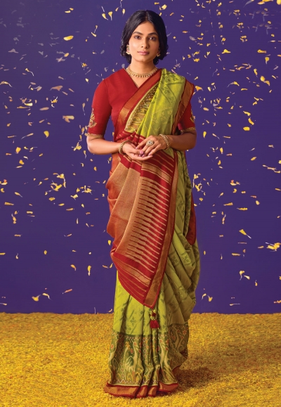 Brasso printed Saree in Mehndi colour 16002