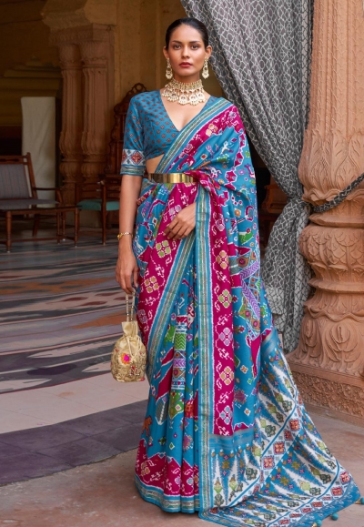 Buy online Patola Silk Saree With Gold Zari Woven & Contrast Rich Pallu -  Blue-AF1557