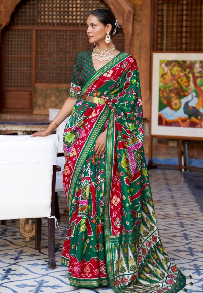 Patola silk Saree with blouse in Green colour 348D