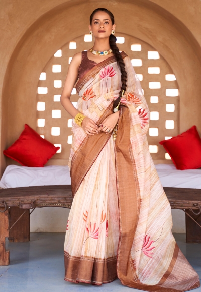 Silk Saree with blouse in Off white colour 404