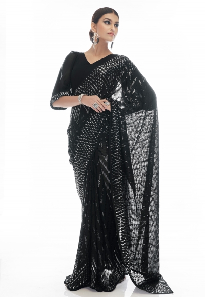 Georgette sequence Saree with blouse in Black colour 21001