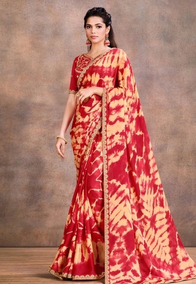 Silk satin printed Saree in Maroon colour 42206