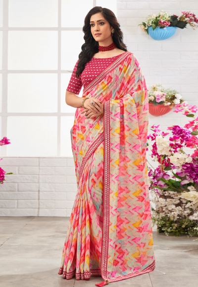 Chinon Saree with blouse in Pink colour 101