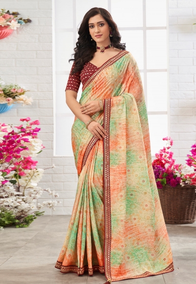 Chinon printed Saree in Sea green colour 108