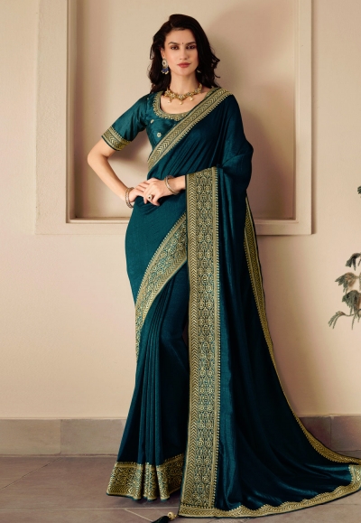 Silk Saree with blouse in Teal colour 1007