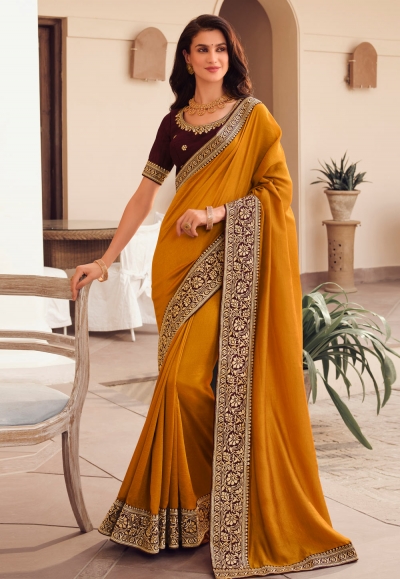 Buy Mustard Yellow Saree with Contrast Border Online @Mohey - Saree for  Women