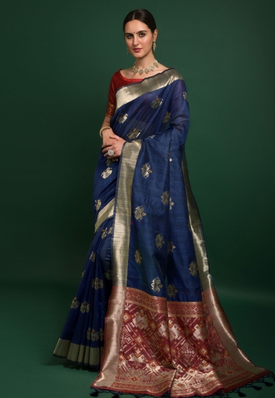 Silk Saree with blouse in Navy blue colour 10950
