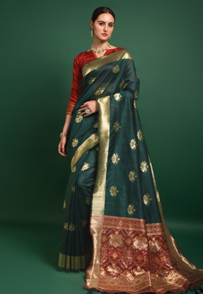 Silk Saree with blouse in Green colour 10951
