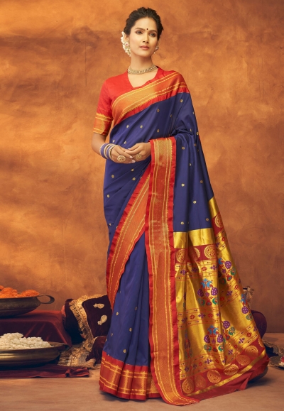 Silk paithani Saree in Navy blue colour 42006