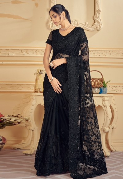 Net Saree with stone work in Black colour 1322