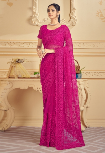 Net Saree with blouse in Magenta colour 1325