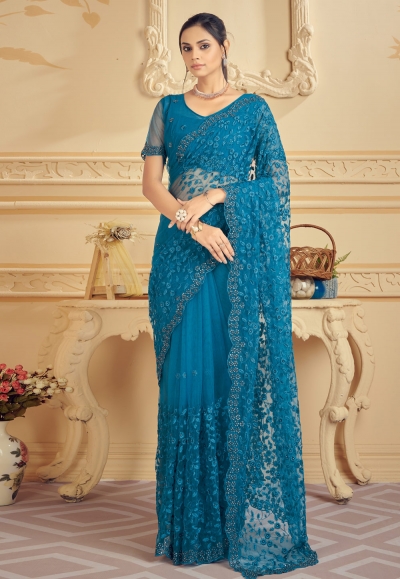 Net Saree with blouse in Blue colour 1327