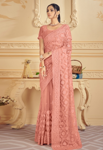 Net Saree with stone work in Peach colour 1328