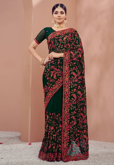 Georgette Saree with blouse in Green colour 1338