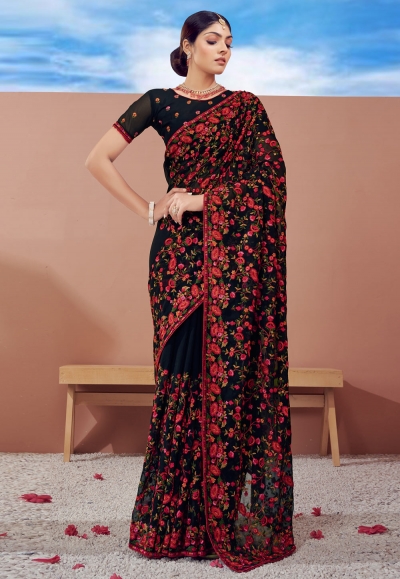 Georgette Saree with blouse in Black colour 1335
